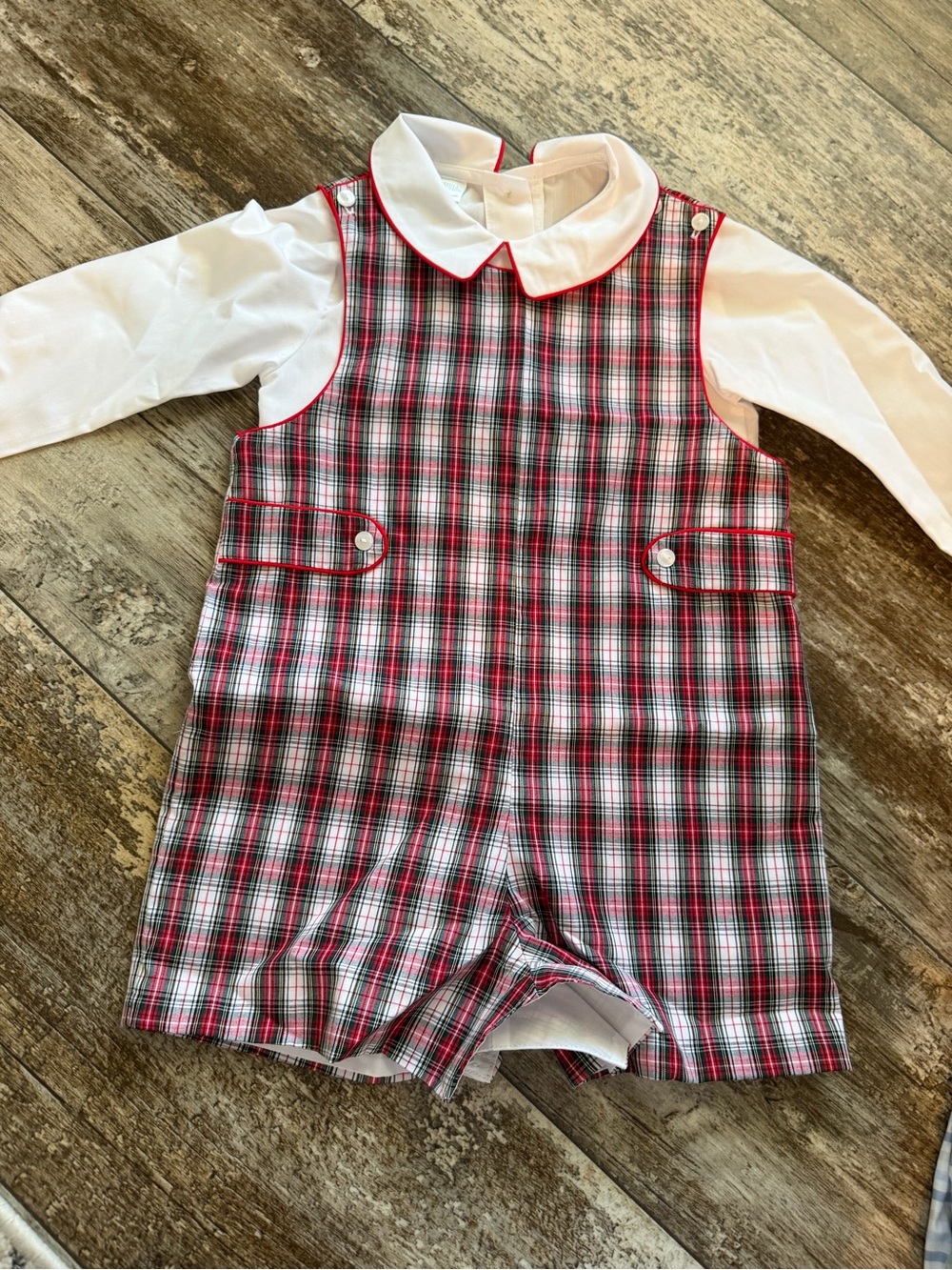 Boys Red & Blue Plaid Romper with White Collar